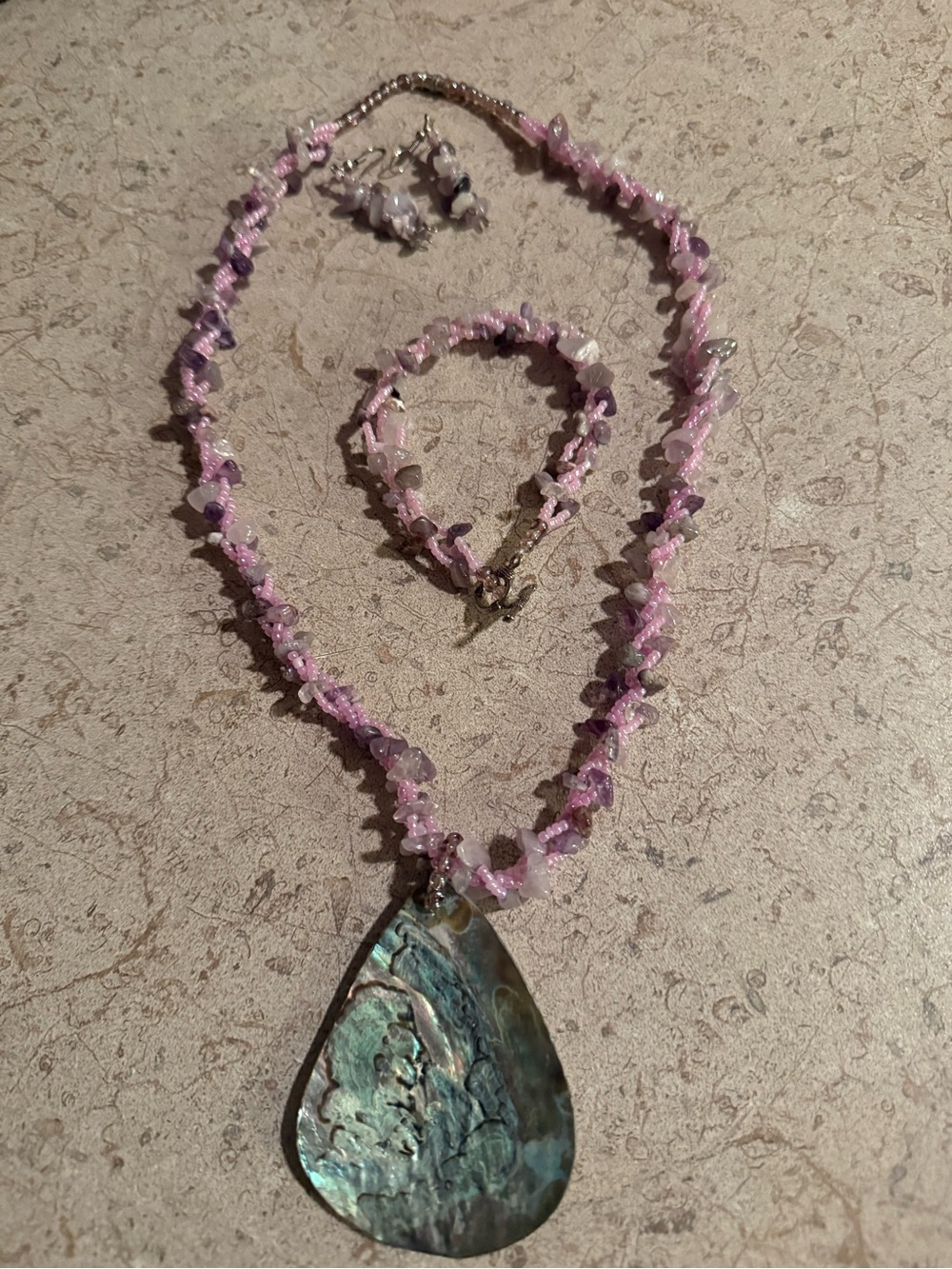 Pink Chip Bead Necklace Set with Abalone Pendant - Women Jewelry